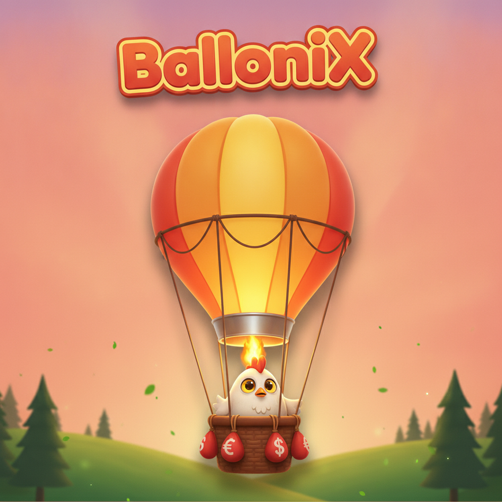 BalloniX juego crash con globo aerostático dorado piloteado por pollo animado sobre paisaje crepuscular con multiplicadores en tiempo real