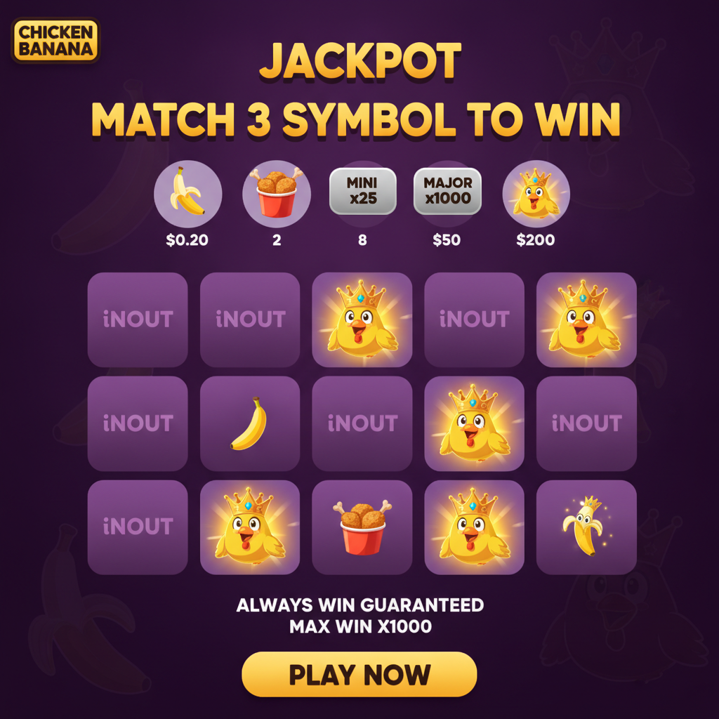 Chicken Banana slot instantáneo con grilla de 20 cartas, símbolos de pollo con corona dorada, bananas y balde de pollo frito, jackpots MINI MAJOR y MEGA