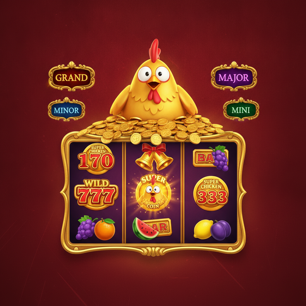 Chicken Coin Hold and Win slot con pollo dorado mascota sobre monedas de oro, símbolos de frutas, jackpots MINI MINOR MAJOR GRAND, grilla 3x4 con marco dorado ornamentado