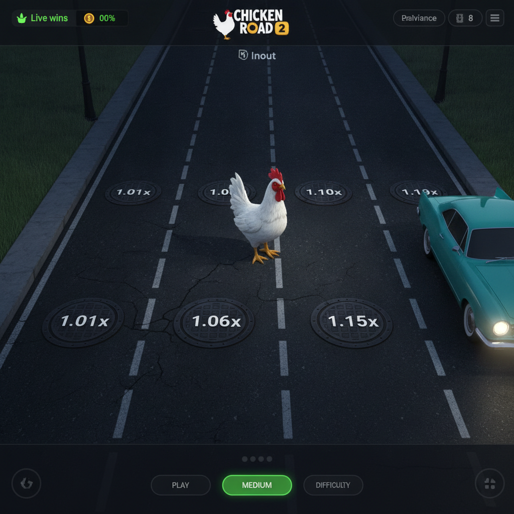 Chicken Road 2 juego de InOut con pollo blanco cruzando 6 carriles de asfalto oscuro con alcantarillas de multiplicadores y auto turquesa