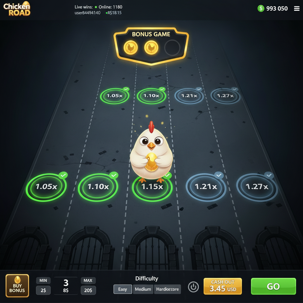 Chicken Road Bonus, gallina blanca cruzando carretera con círculos de multiplicadores verdes brillantes y huevo dorado, tema de juego de riesgo y recompensa
