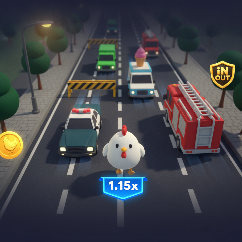 Chicken Road juego con pollo cruzando carretera esquivando autos colectivos y camiones en vista aérea
