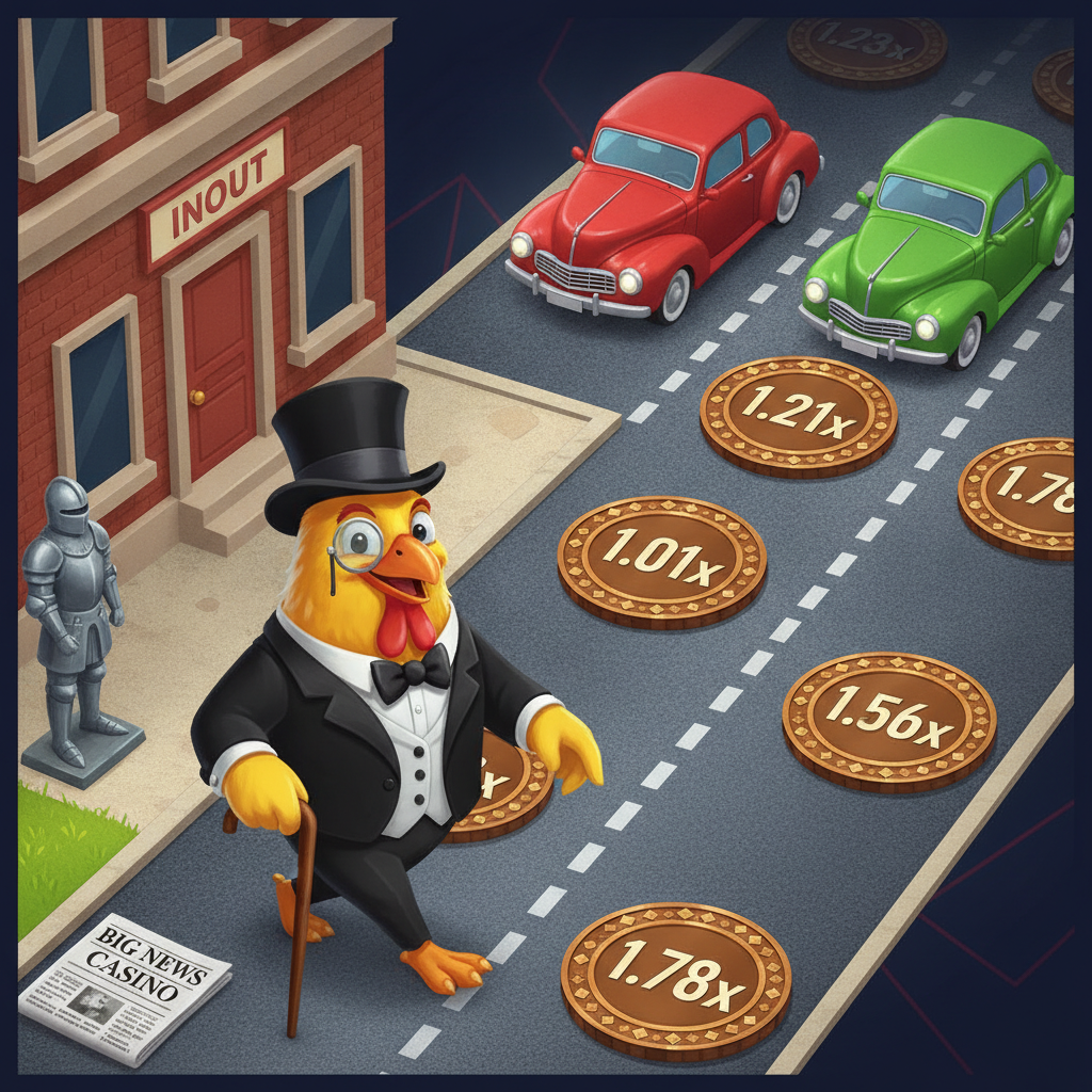 Chicken Road Gold: pollo elegante con traje, sombrero de copa y monóculo cruzando ruta con monedas multiplicadoras y autos vintage