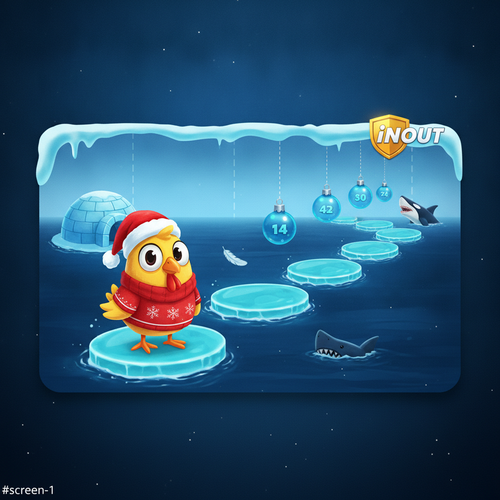 Chicken Road Ice juego de InOut con pollo navideño cruzando placas de hielo sobre agua helada esquivando tiburones y orcas en temática invernal ártica