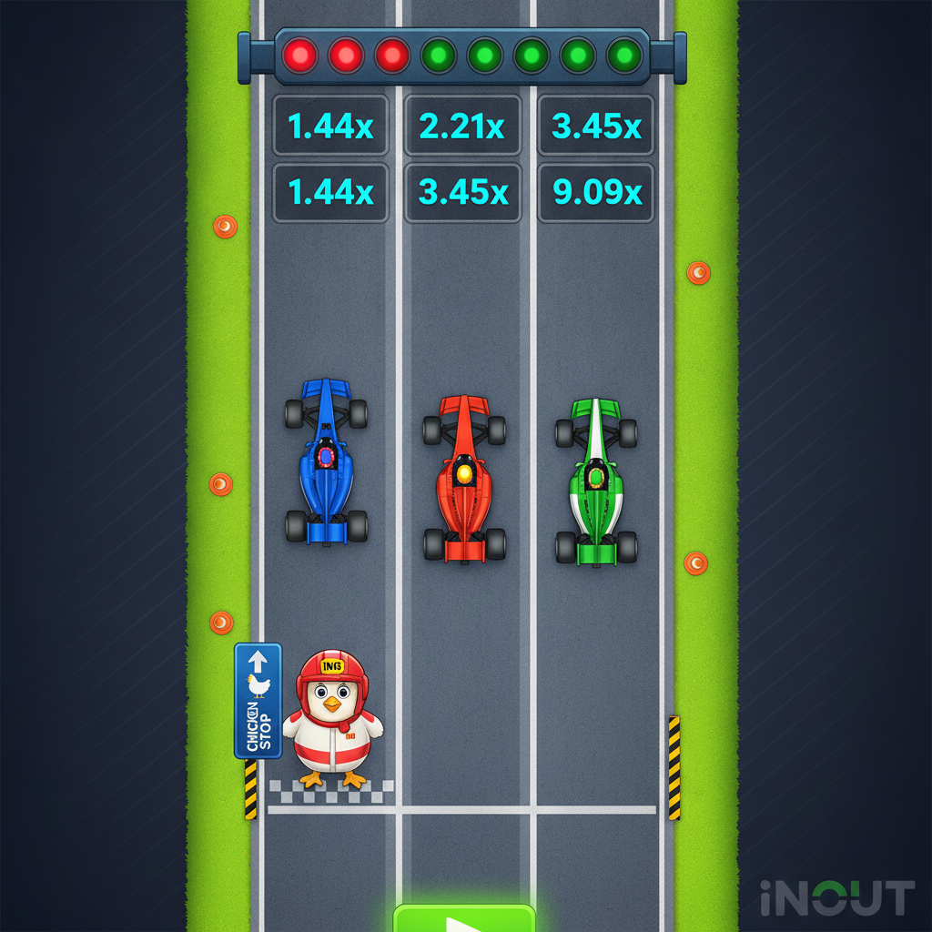 Chicken Road Race juego de carreras con mascota de pollo en casco rojo, autopista con múltiples carriles, autos de Fórmula 1 y sistema de semáforos