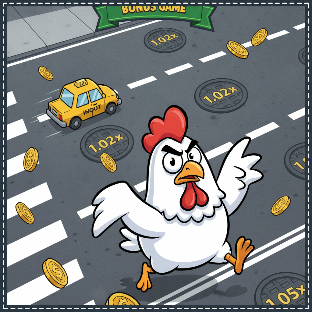 Chicken Road 2 Bonus gallina cruzando carretera con multiplicadores y monedas doradas