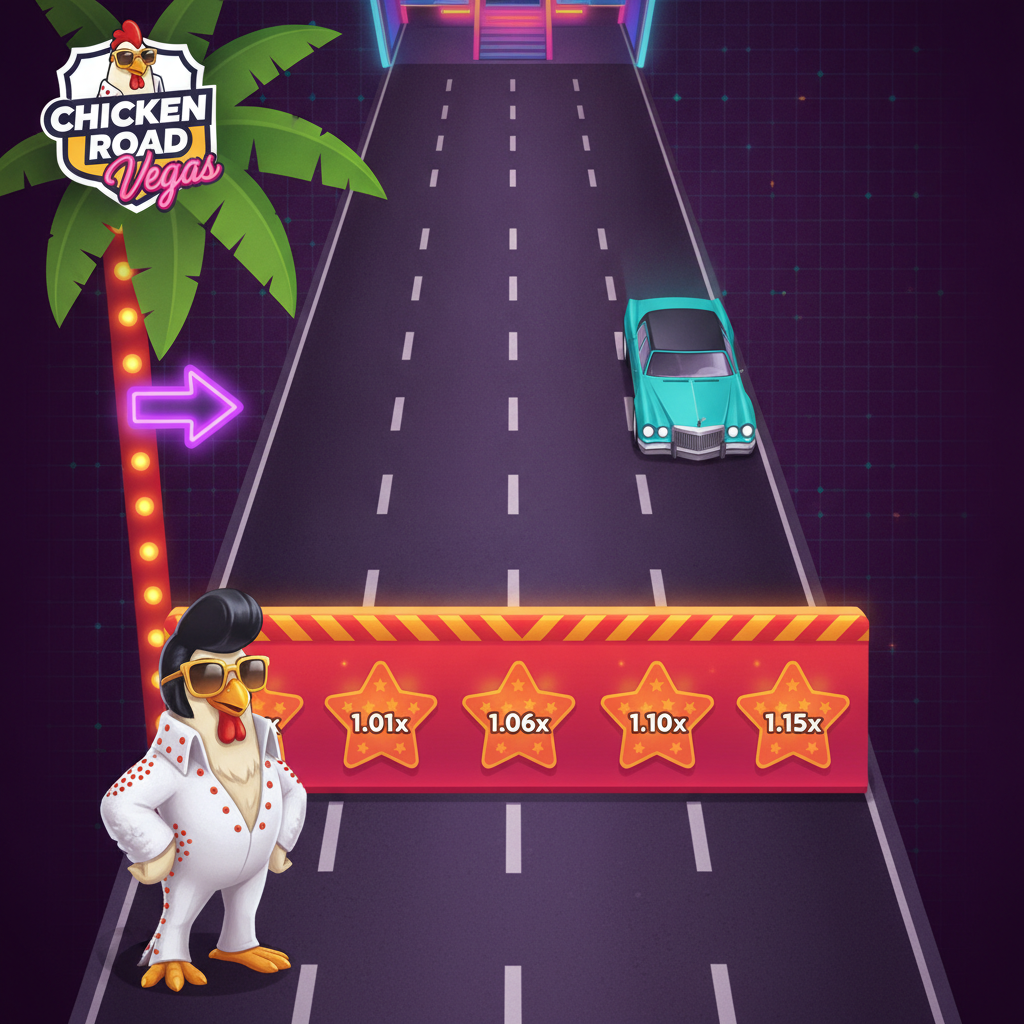 Chicken Road Vegas: pollo con traje de Elvis cruzando autopista estilo Las Vegas con autos de lujo y multiplicadores naranjas