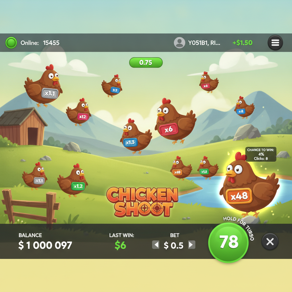 Chicken Shoot juego de InOut con pollos de dibujos animados portando multiplicadores desde x1.1 hasta x48 en escenario de granja pastoral con cielo azul, colinas verdes, galpón de madera y laguna