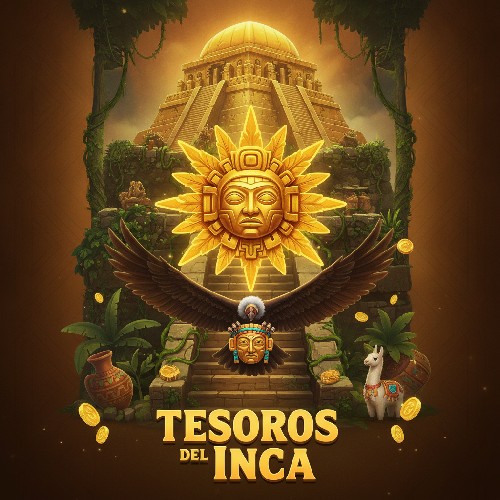 Tesoros del Inca tragamonedas con dios sol dorado, templo inca, cóndor y máscara ceremonial sobre ruinas antiguas